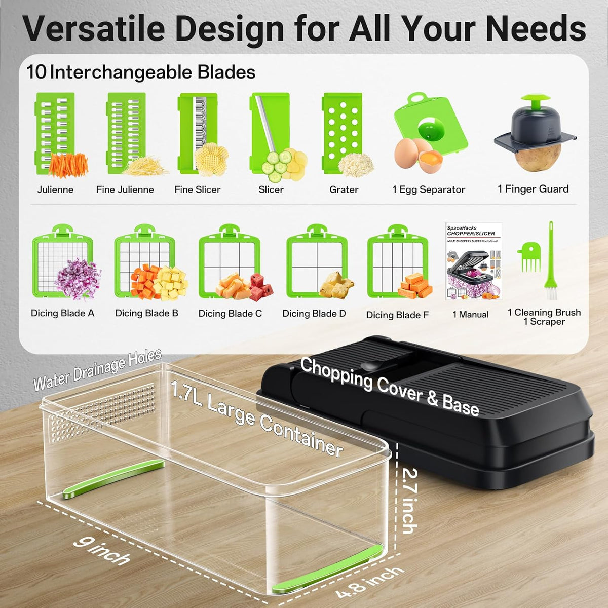 12-in-1 Vegetable Chopper with 7 Blades, Food Veggie Cutter, Mandoline Gray | Includes Egg Separator, Food Container and Finger Guard, Non-slip Base, for Chopping, Slicing, Shredding, and Mincing