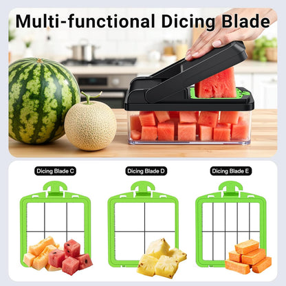 12-in-1 Vegetable Chopper with 7 Blades, Food Veggie Cutter, Mandoline Gray | Includes Egg Separator, Food Container and Finger Guard, Non-slip Base, for Chopping, Slicing, Shredding, and Mincing
