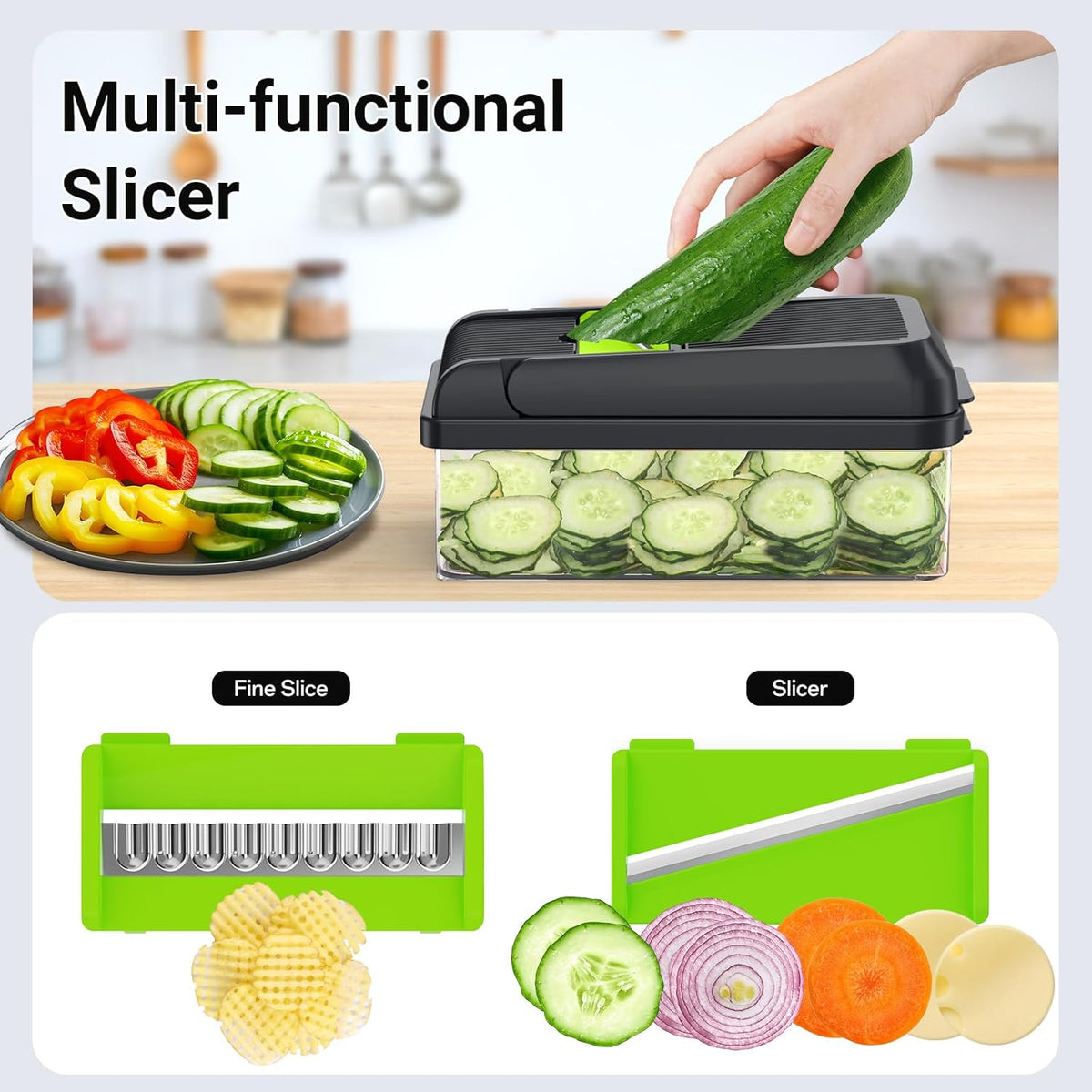 12-in-1 Vegetable Chopper with 7 Blades, Food Veggie Cutter, Mandoline Gray | Includes Egg Separator, Food Container and Finger Guard, Non-slip Base, for Chopping, Slicing, Shredding, and Mincing