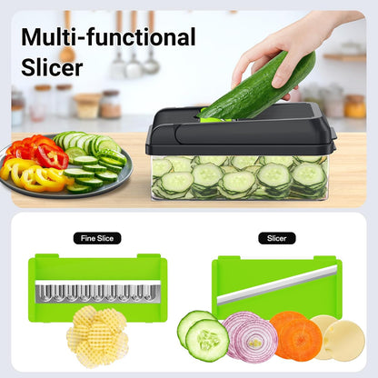 12-in-1 Vegetable Chopper with 7 Blades, Food Veggie Cutter, Mandoline Gray | Includes Egg Separator, Food Container and Finger Guard, Non-slip Base, for Chopping, Slicing, Shredding, and Mincing