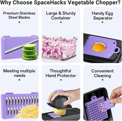 12-in-1 Vegetable Chopper with 7 Blades, Food Veggie Cutter, Mandoline Gray | Includes Egg Separator, Food Container and Finger Guard, Non-slip Base, for Chopping, Slicing, Shredding, and Mincing
