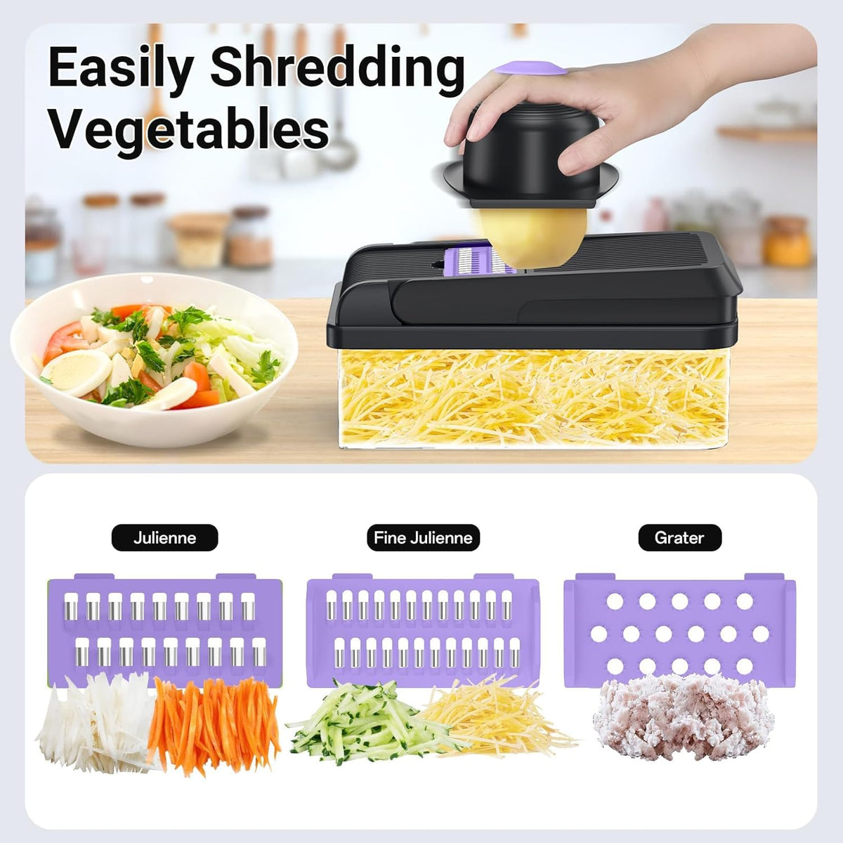 12-in-1 Vegetable Chopper with 7 Blades, Food Veggie Cutter, Mandoline Gray | Includes Egg Separator, Food Container and Finger Guard, Non-slip Base, for Chopping, Slicing, Shredding, and Mincing
