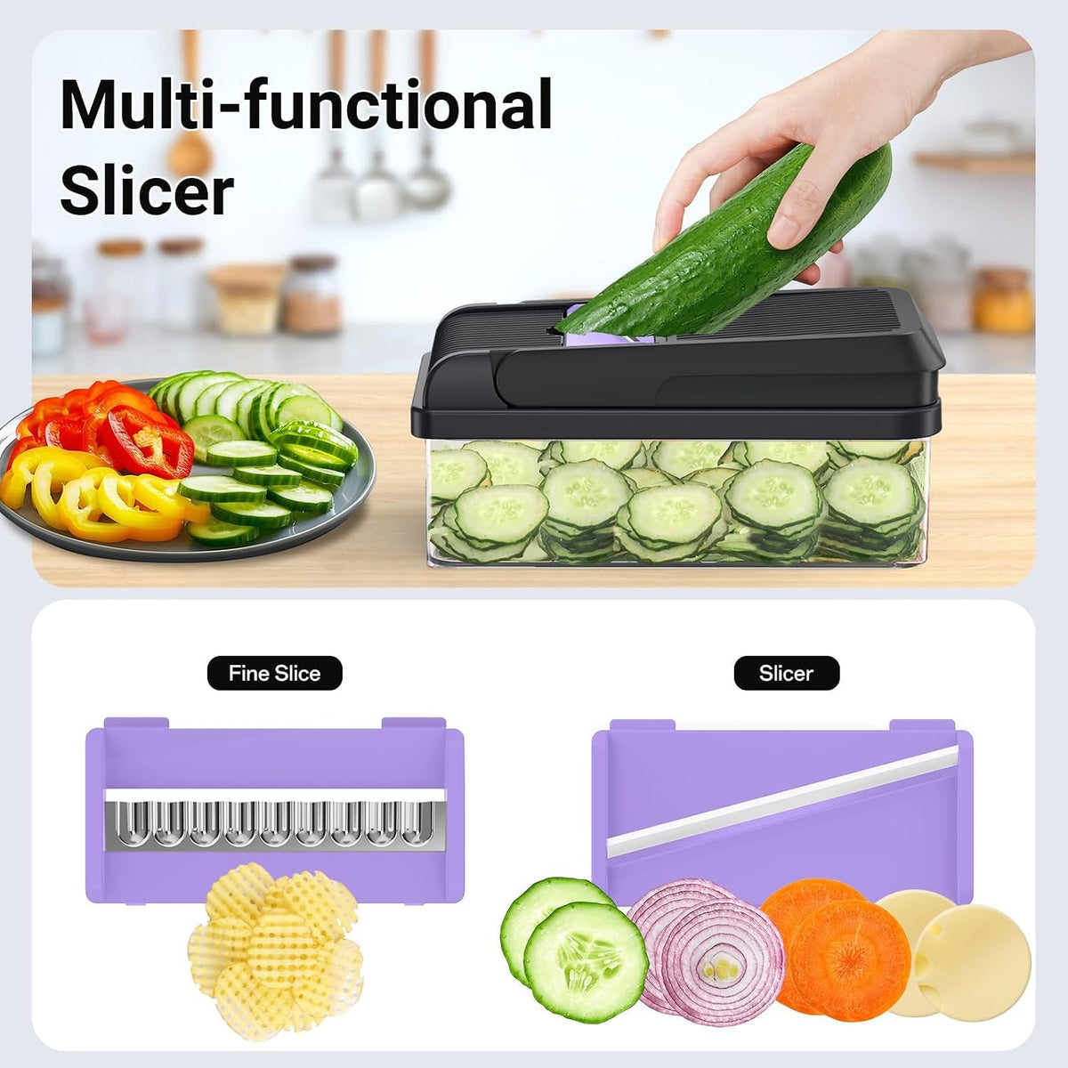 12-in-1 Vegetable Chopper with 7 Blades, Food Veggie Cutter, Mandoline Gray | Includes Egg Separator, Food Container and Finger Guard, Non-slip Base, for Chopping, Slicing, Shredding, and Mincing