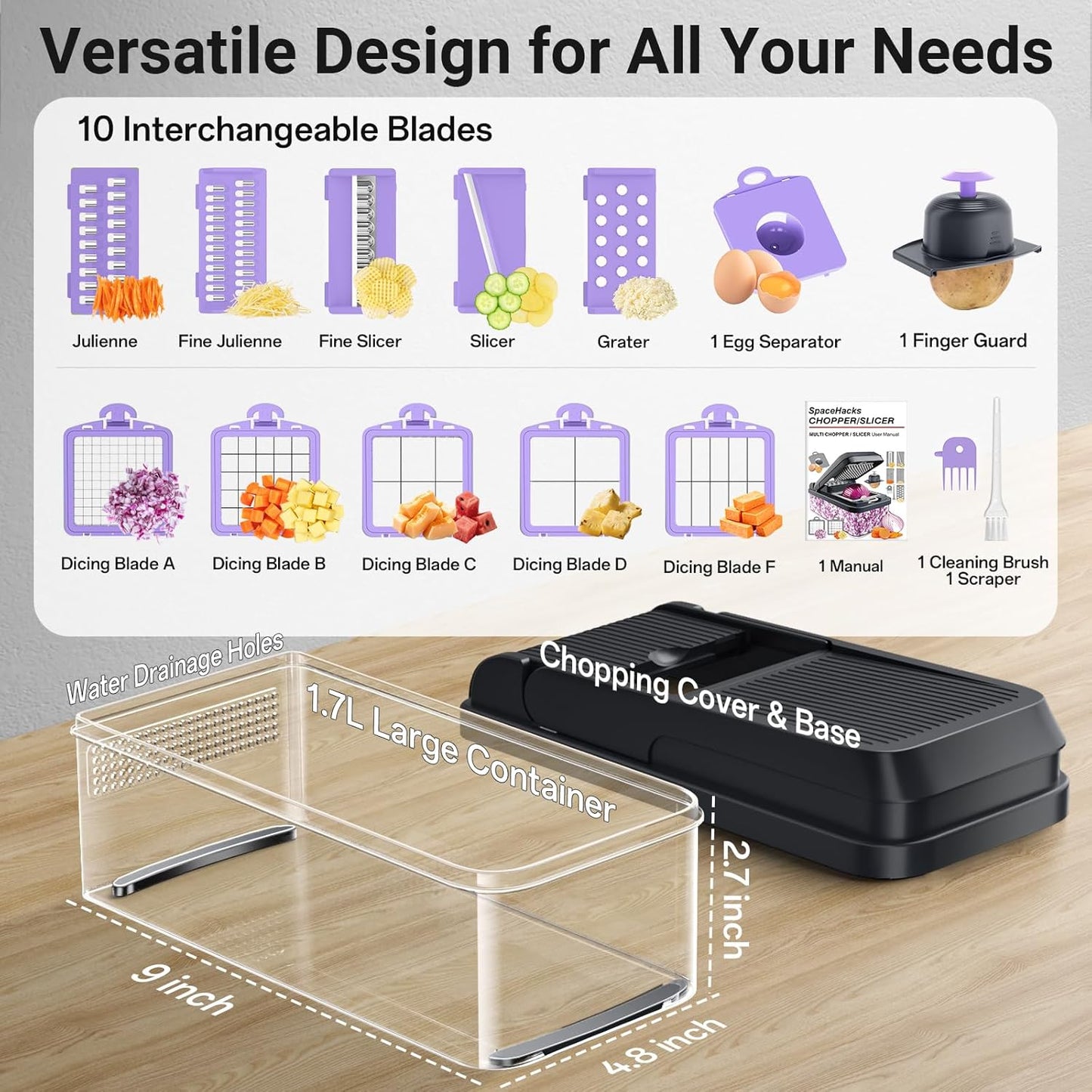 12-in-1 Vegetable Chopper with 7 Blades, Food Veggie Cutter, Mandoline Gray | Includes Egg Separator, Food Container and Finger Guard, Non-slip Base, for Chopping, Slicing, Shredding, and Mincing