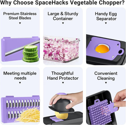 12-in-1 Vegetable Chopper with 7 Blades, Food Veggie Cutter, Mandoline Gray | Includes Egg Separator, Food Container and Finger Guard, Non-slip Base, for Chopping, Slicing, Shredding, and Mincing