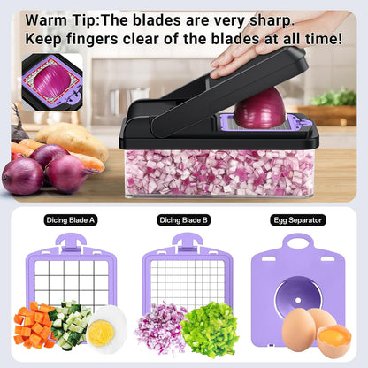 12-in-1 Vegetable Chopper with 7 Blades, Food Veggie Cutter, Mandoline Gray | Includes Egg Separator, Food Container and Finger Guard, Non-slip Base, for Chopping, Slicing, Shredding, and Mincing