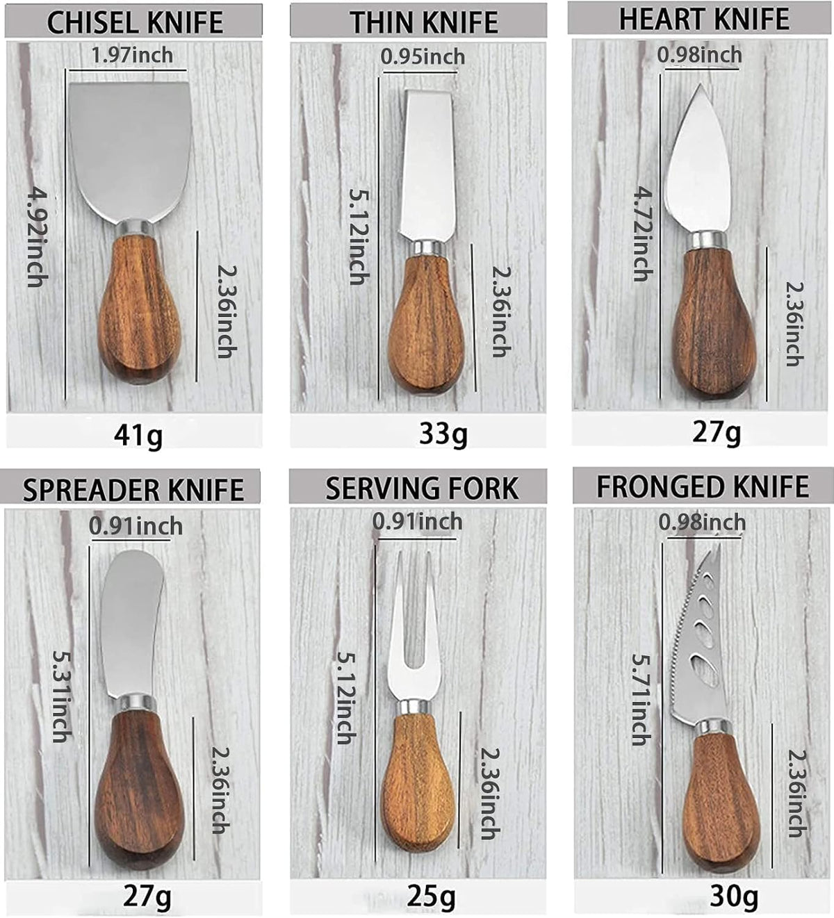 Premium 6-Piece Cheese Knife Set - Acacia Wood Handle Stainless Steel Cheese Knives for Charcuterie Board