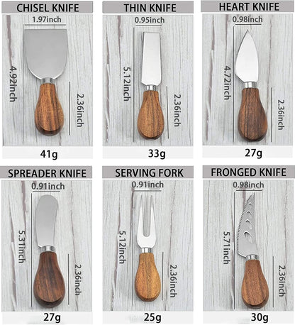 Premium 6-Piece Cheese Knife Set - Acacia Wood Handle Stainless Steel Cheese Knives for Charcuterie Board