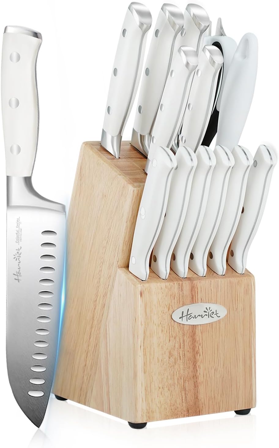 14-Piece Knife Block Set, High-Carbon Stainless Steel Chef Knives with Triple Rivet Handles, Sharpening Steel & Multifunctional Shears | Santoku, Bread, Steak Knives & Wood Block