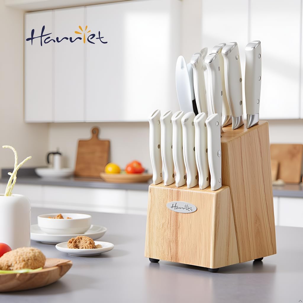 14-Piece Knife Block Set, High-Carbon Stainless Steel Chef Knives with Triple Rivet Handles, Sharpening Steel & Multifunctional Shears | Santoku, Bread, Steak Knives & Wood Block