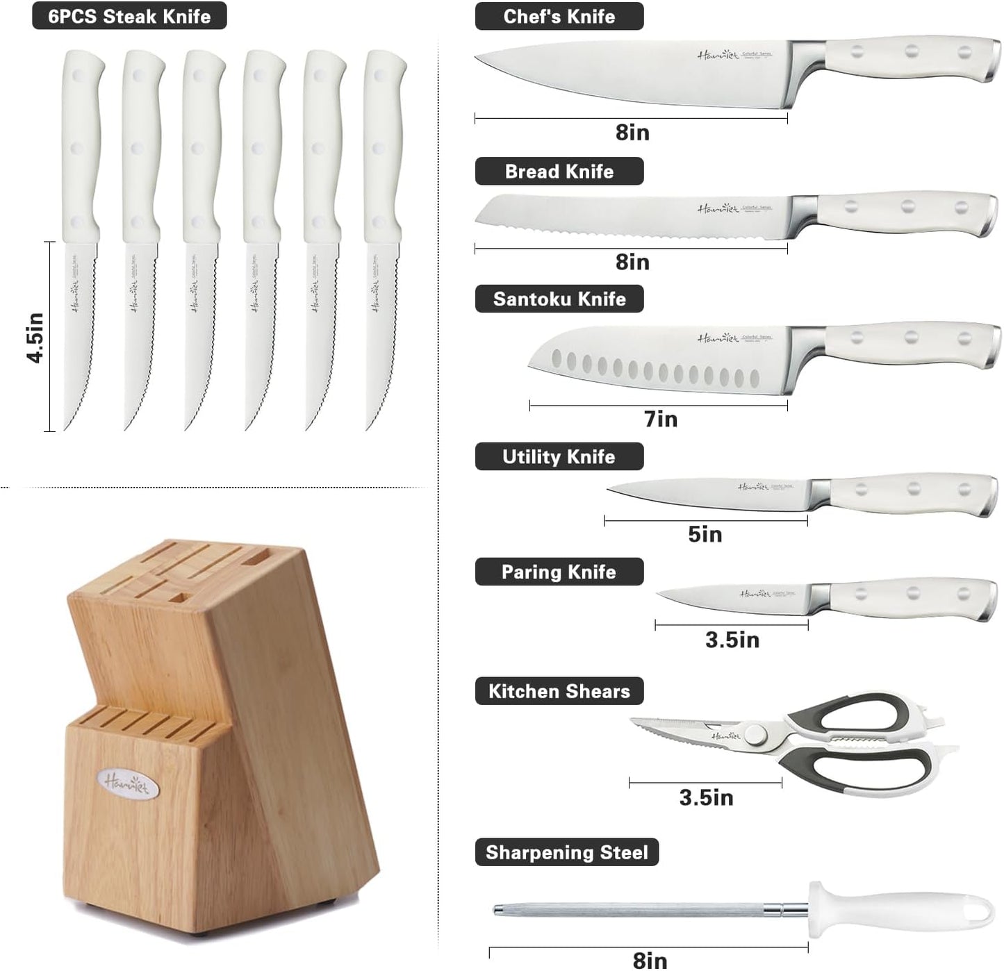 14-Piece Knife Block Set, High-Carbon Stainless Steel Chef Knives with Triple Rivet Handles, Sharpening Steel & Multifunctional Shears | Santoku, Bread, Steak Knives & Wood Block