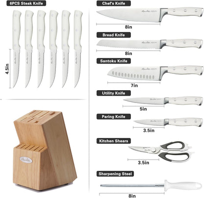 14-Piece Knife Block Set, High-Carbon Stainless Steel Chef Knives with Triple Rivet Handles, Sharpening Steel & Multifunctional Shears | Santoku, Bread, Steak Knives & Wood Block