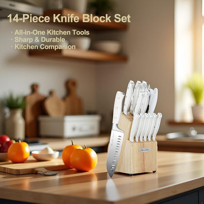14-Piece Knife Block Set, High-Carbon Stainless Steel Chef Knives with Triple Rivet Handles, Sharpening Steel & Multifunctional Shears | Santoku, Bread, Steak Knives & Wood Block