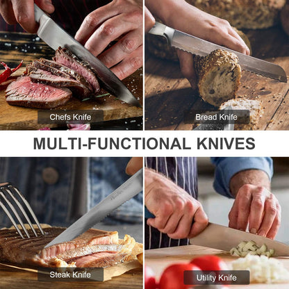 14-Piece Knife Block Set, High-Carbon Stainless Steel Chef Knives with Triple Rivet Handles, Sharpening Steel & Multifunctional Shears | Santoku, Bread, Steak Knives & Wood Block