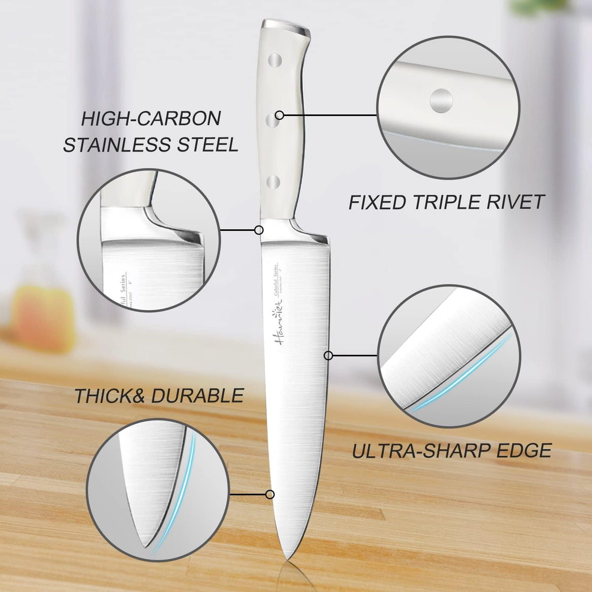 14-Piece Knife Block Set, High-Carbon Stainless Steel Chef Knives with Triple Rivet Handles, Sharpening Steel & Multifunctional Shears | Santoku, Bread, Steak Knives & Wood Block