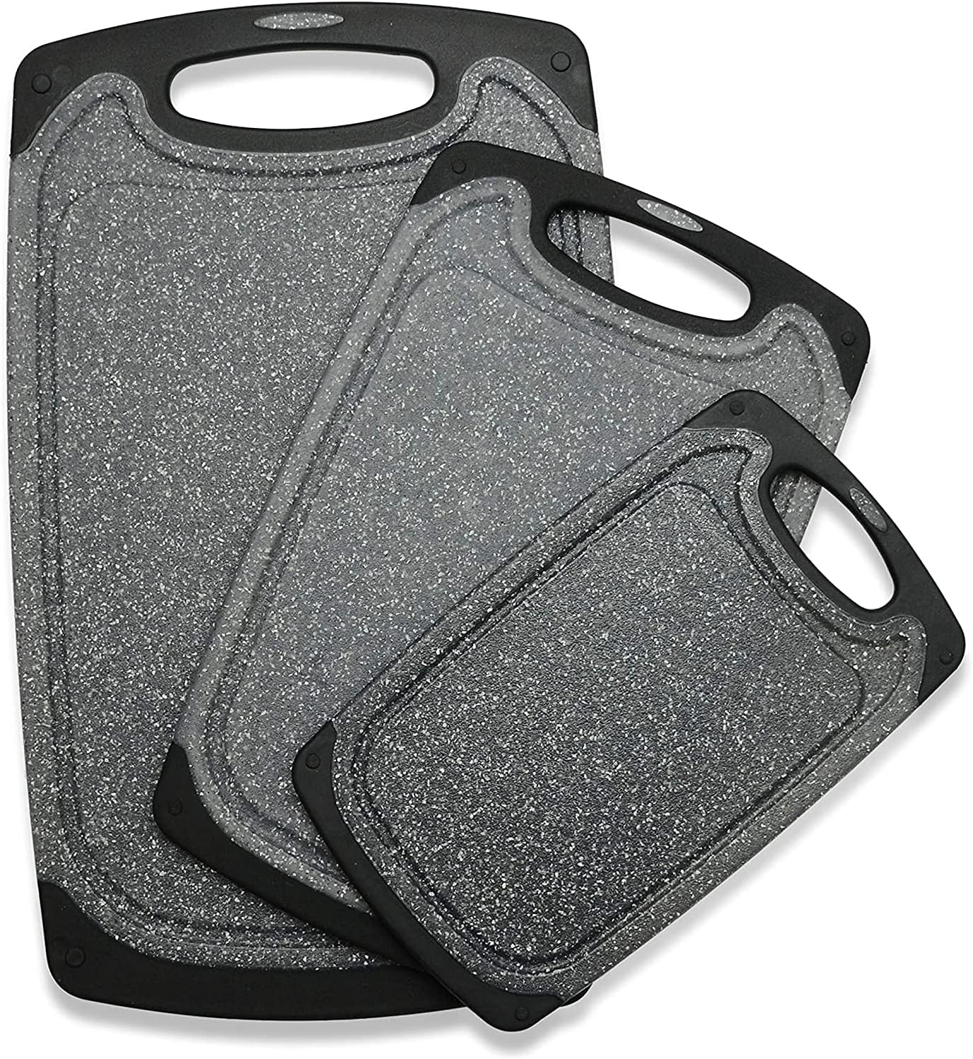 Plastic Cutting Boards Set of 3,BPA Free,Dishwasher Safe | Thick Chopping Boards for Kitchen with Deep Juice Grooves, Non‑Slip Feet, Easy Grip Handle, Grinding Area, Black