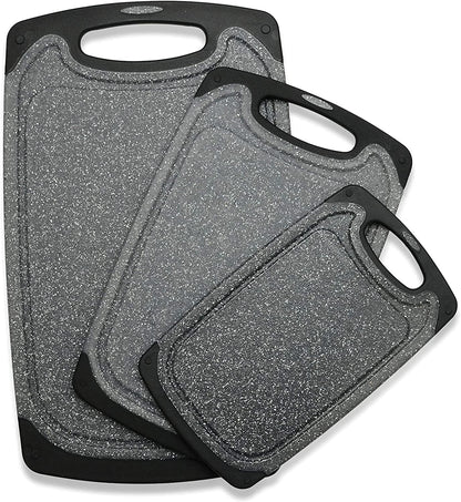 Plastic Cutting Boards Set of 3,BPA Free,Dishwasher Safe | Thick Chopping Boards for Kitchen with Deep Juice Grooves, Non‑Slip Feet, Easy Grip Handle, Grinding Area, Black