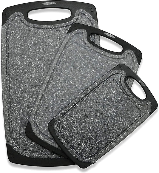 Plastic Cutting Boards Set of 3,BPA Free,Dishwasher Safe | Thick Chopping Boards for Kitchen with Deep Juice Grooves, Non‑Slip Feet, Easy Grip Handle, Grinding Area, Black