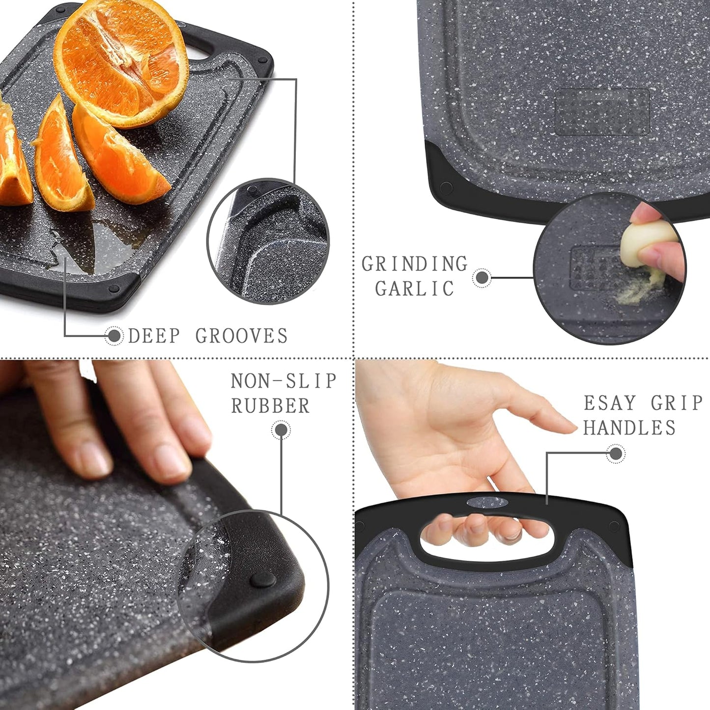 Plastic Cutting Boards Set of 3,BPA Free,Dishwasher Safe | Thick Chopping Boards for Kitchen with Deep Juice Grooves, Non‑Slip Feet, Easy Grip Handle, Grinding Area, Black