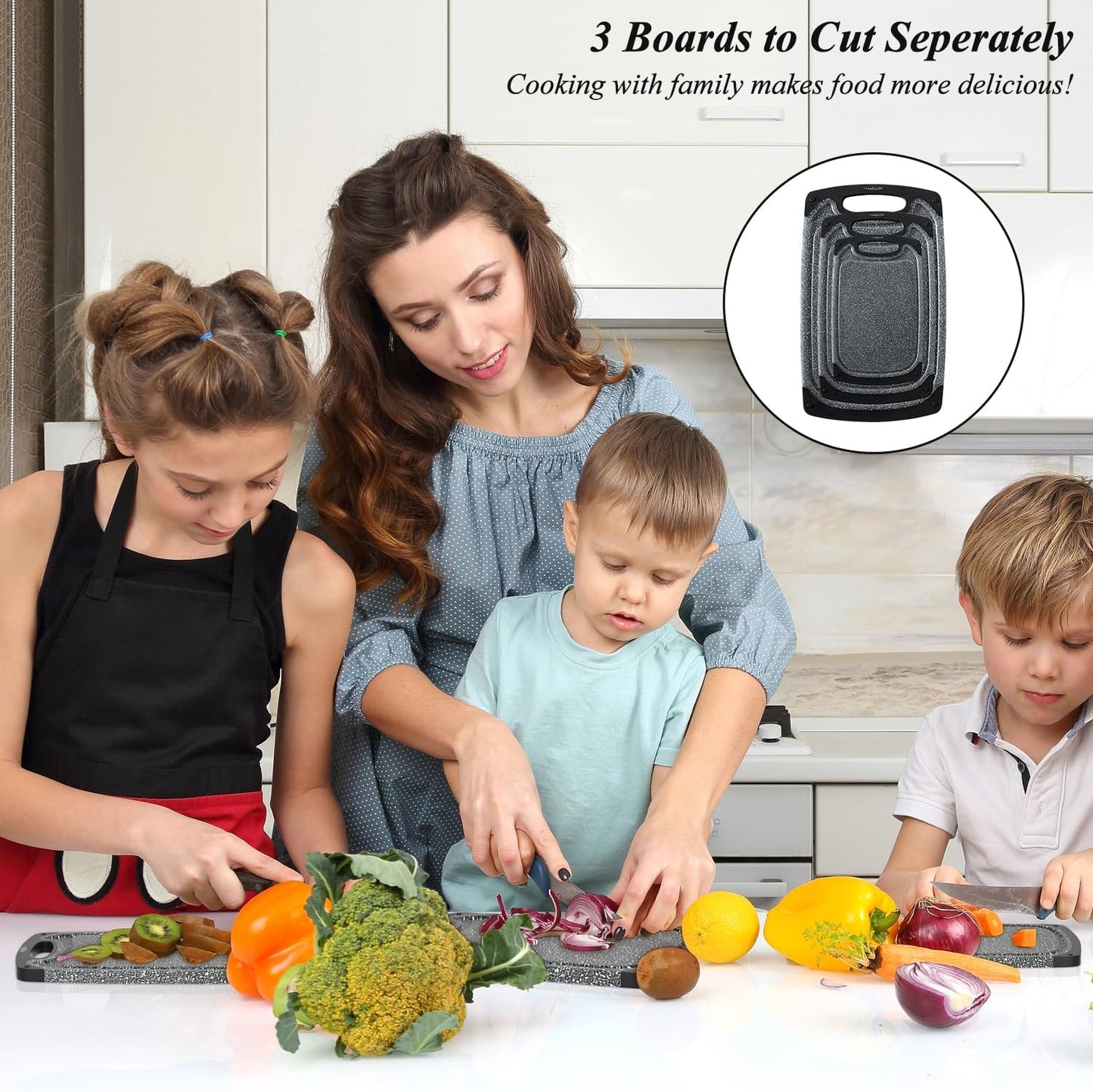 Plastic Cutting Boards Set of 3,BPA Free,Dishwasher Safe | Thick Chopping Boards for Kitchen with Deep Juice Grooves, Non‑Slip Feet, Easy Grip Handle, Grinding Area, Black