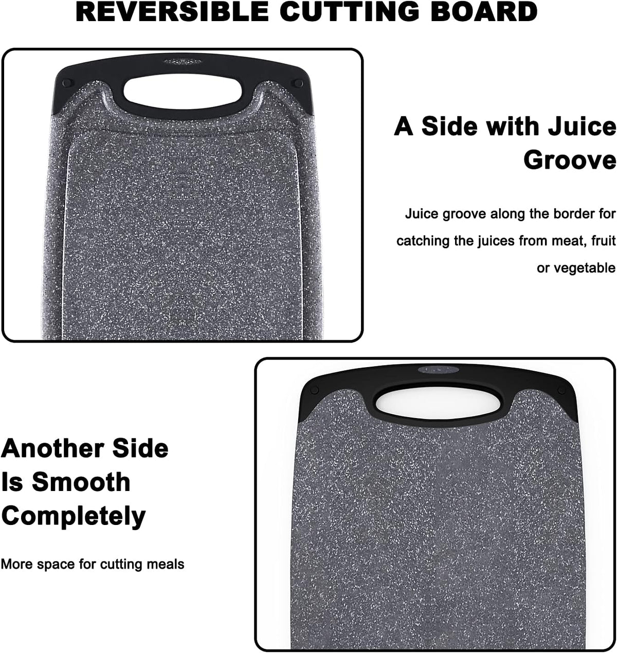 Plastic Cutting Boards Set of 3,BPA Free,Dishwasher Safe | Thick Chopping Boards for Kitchen with Deep Juice Grooves, Non‑Slip Feet, Easy Grip Handle, Grinding Area, Black