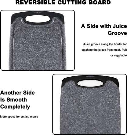 Plastic Cutting Boards Set of 3,BPA Free,Dishwasher Safe | Thick Chopping Boards for Kitchen with Deep Juice Grooves, Non‑Slip Feet, Easy Grip Handle, Grinding Area, Black