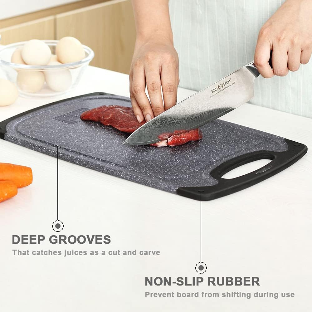 Plastic Cutting Boards Set of 3,BPA Free,Dishwasher Safe | Thick Chopping Boards for Kitchen with Deep Juice Grooves, Non‑Slip Feet, Easy Grip Handle, Grinding Area, Black
