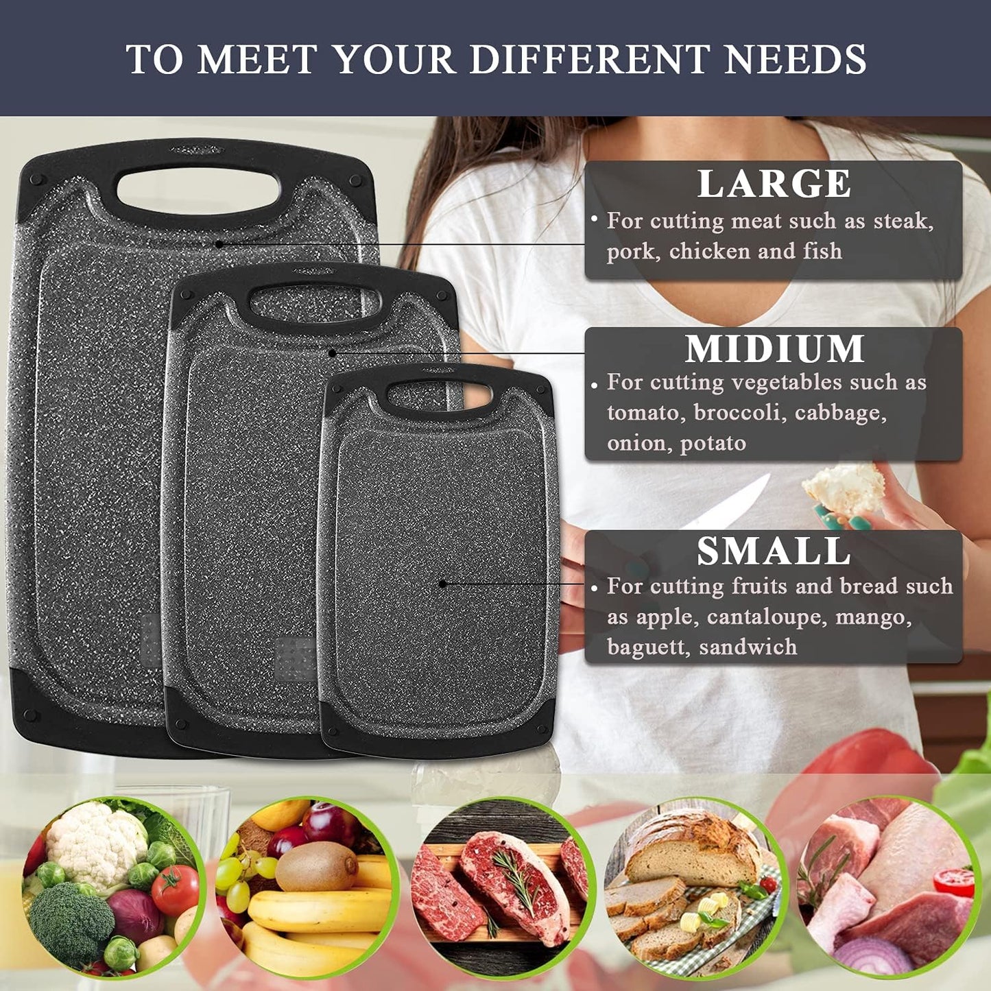 Plastic Cutting Boards Set of 3,BPA Free,Dishwasher Safe | Thick Chopping Boards for Kitchen with Deep Juice Grooves, Non‑Slip Feet, Easy Grip Handle, Grinding Area, Black