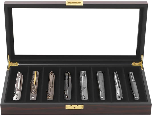 Single Tier Pocket Knife Display Case 8 Slot Lockable Knife Storage Box Knife Collection Display Holder with Transparent Glass Top & Drawer for Utility Knife, Camping Knife (Ebony Color)