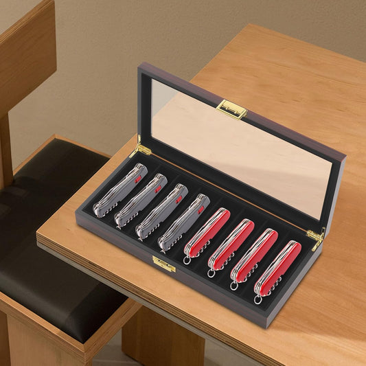 Single Tier Pocket Knife Display Case 8 Slot Lockable Knife Storage Box Knife Collection Display Holder with Transparent Glass Top & Drawer for Utility Knife, Camping Knife (Ebony Color)