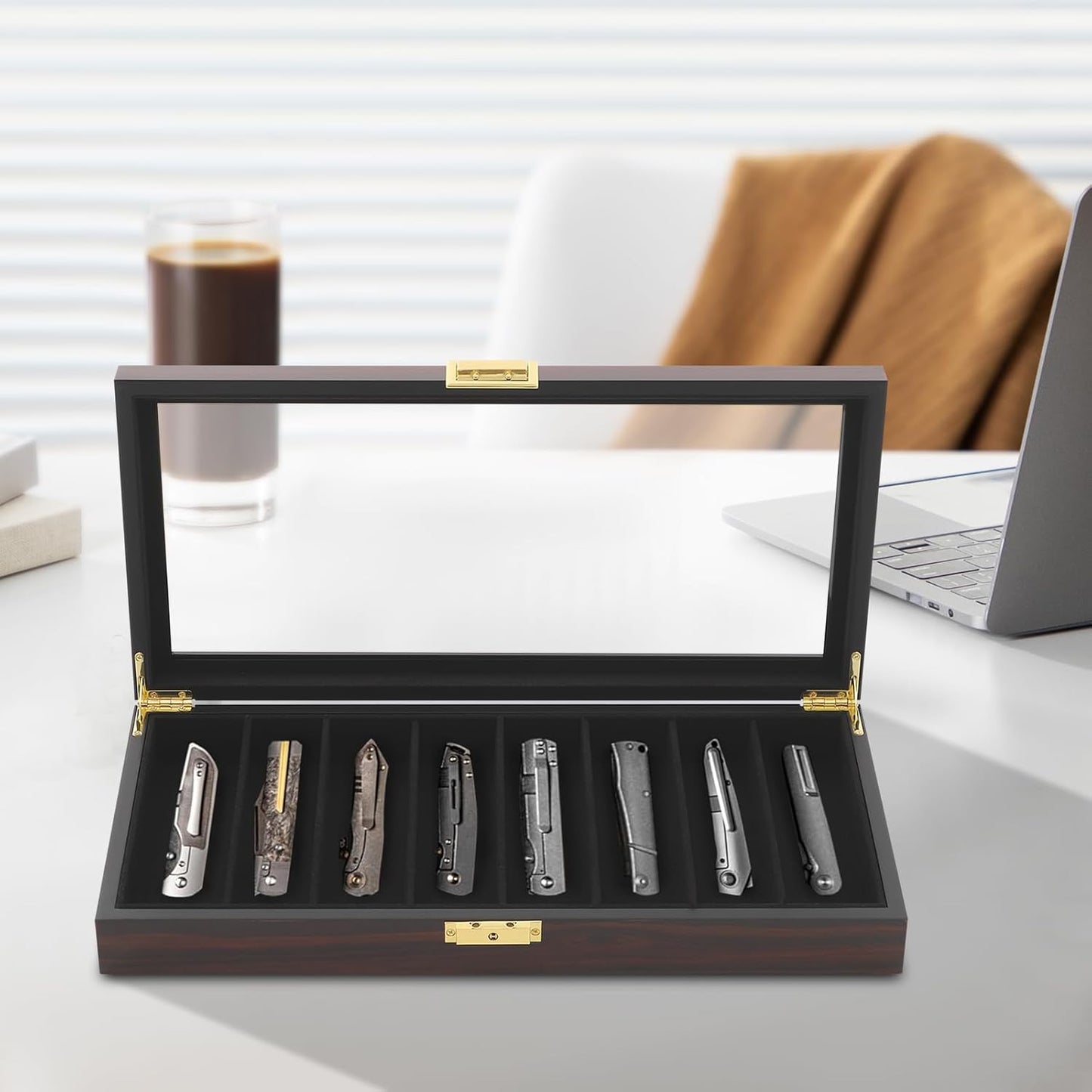 Single Tier Pocket Knife Display Case 8 Slot Lockable Knife Storage Box Knife Collection Display Holder with Transparent Glass Top & Drawer for Utility Knife, Camping Knife (Ebony Color)