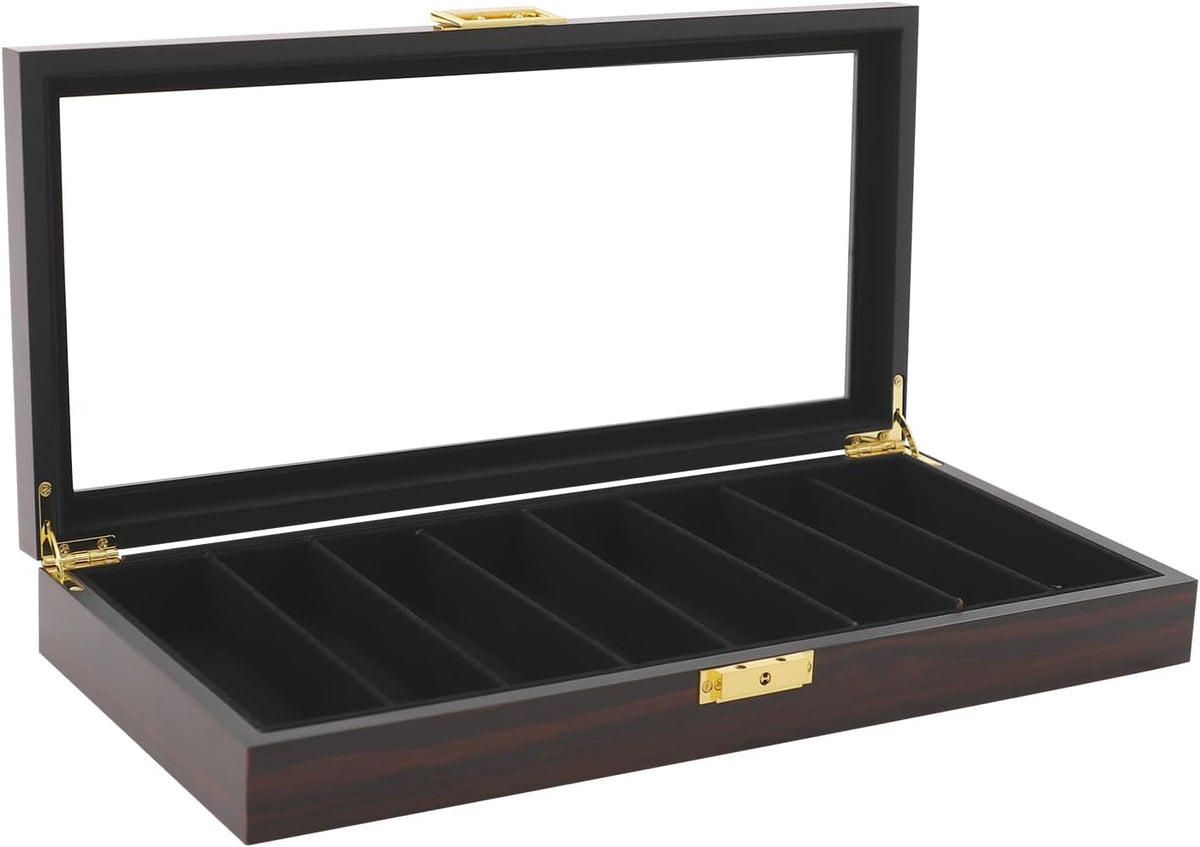 Single Tier Pocket Knife Display Case 8 Slot Lockable Knife Storage Box Knife Collection Display Holder with Transparent Glass Top & Drawer for Utility Knife, Camping Knife (Ebony Color)