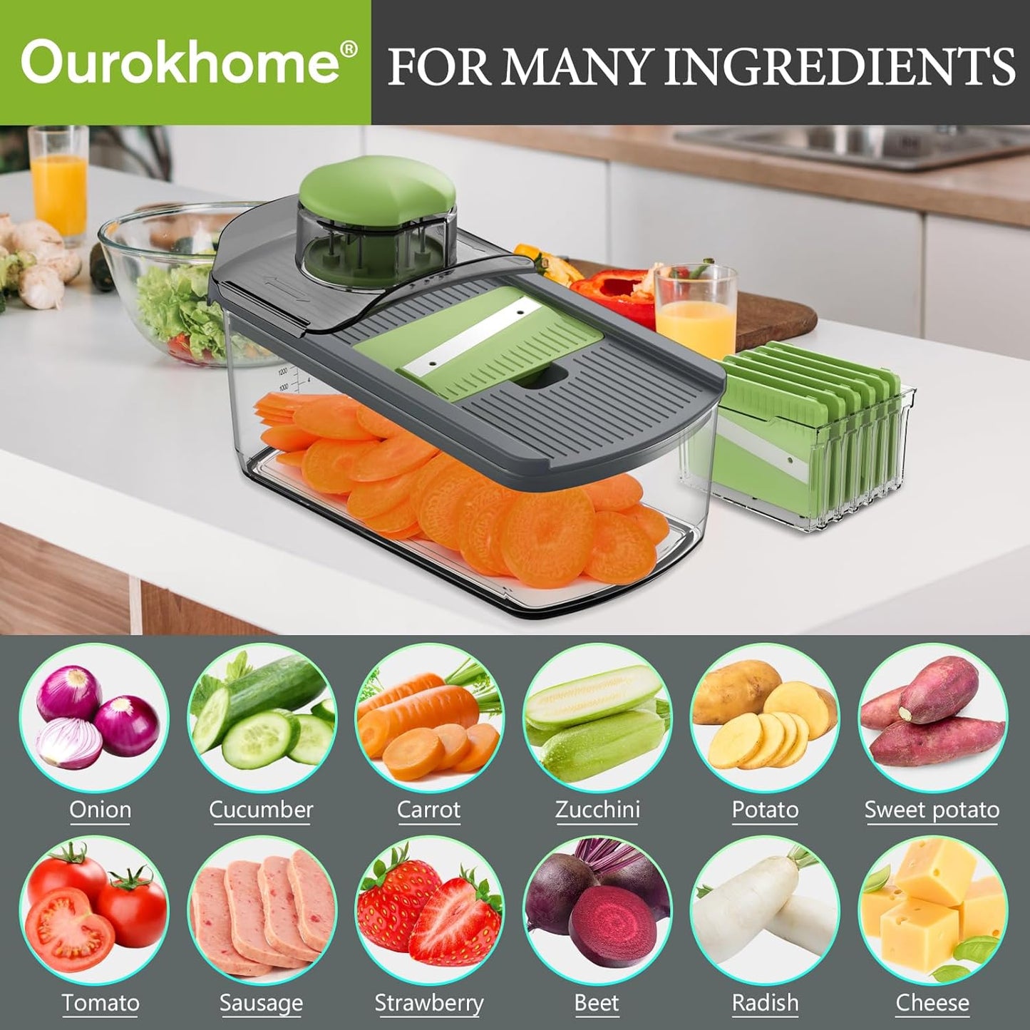 Mandolin Slicer for Kitchen Food, Hand Safe Vegetable Shredder with 6 Mandoline Blades, Veggie Waffle Cutter for Potato, Carrot, Zucchini, Onion, Essential Kitchen Gadgets (6 in 1, Gray)