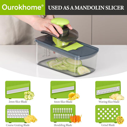 Mandolin Slicer for Kitchen Food, Hand Safe Vegetable Shredder with 6 Mandoline Blades, Veggie Waffle Cutter for Potato, Carrot, Zucchini, Onion, Essential Kitchen Gadgets (6 in 1, Gray)