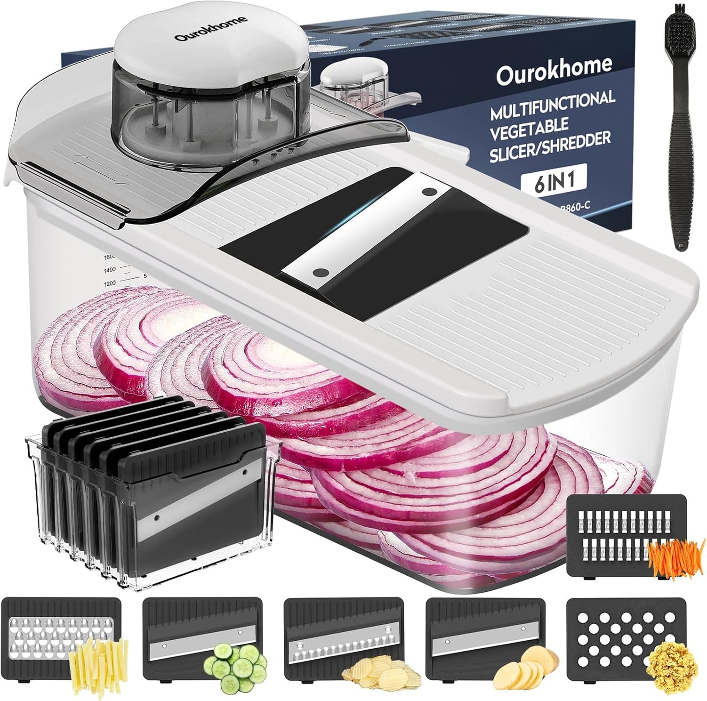 Mandolin Slicer for Kitchen Food, Hand Safe Vegetable Shredder with 6 Mandoline Blades, Veggie Waffle Cutter for Potato, Carrot, Zucchini, Onion, Essential Kitchen Gadgets (6 in 1, Gray)