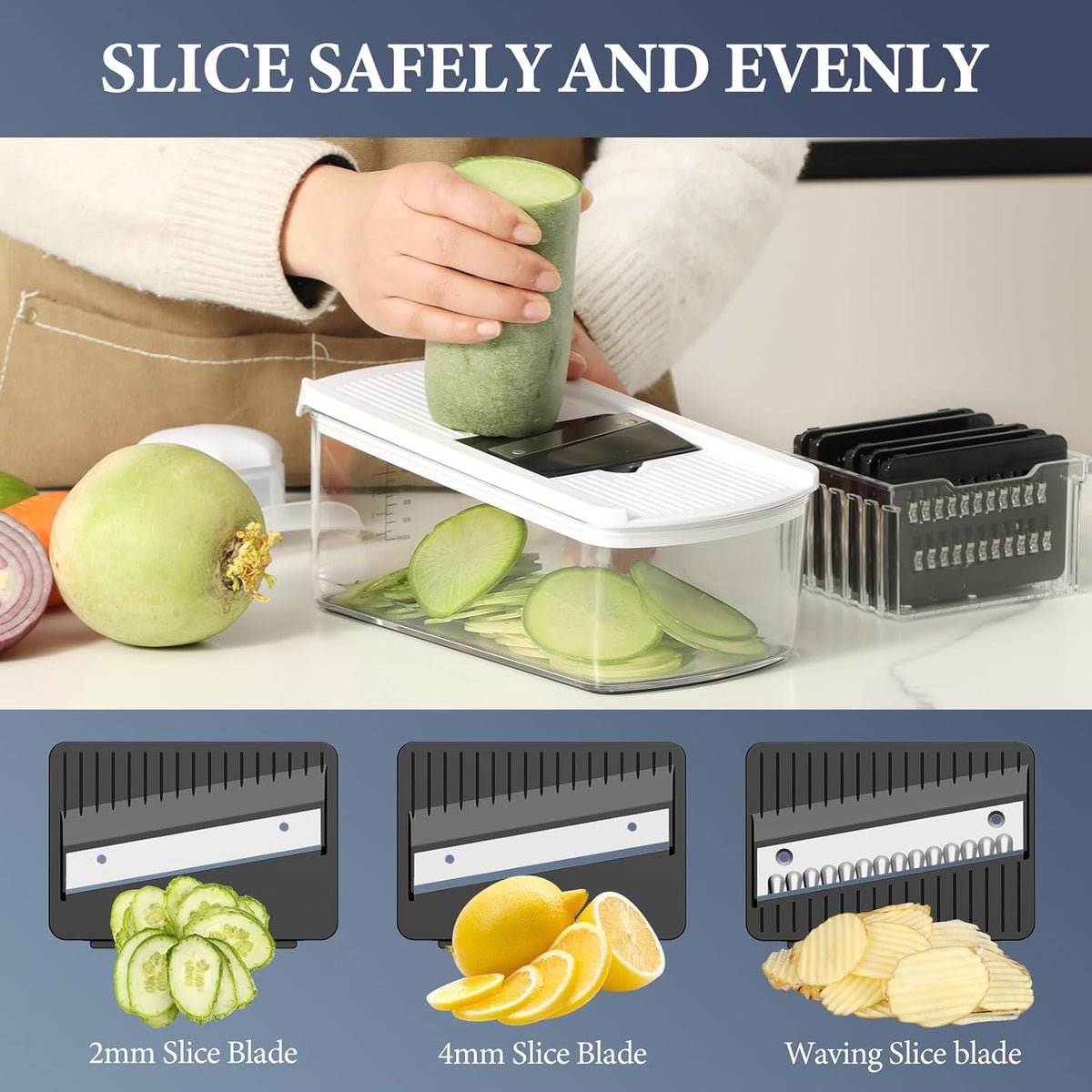 Mandolin Slicer for Kitchen Food, Hand Safe Vegetable Shredder with 6 Mandoline Blades, Veggie Waffle Cutter for Potato, Carrot, Zucchini, Onion, Essential Kitchen Gadgets (6 in 1, Gray)