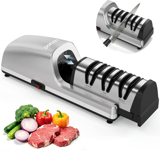 Electric Knife Sharpener for Kitchen Knives,Detachable Head,3-Stage | Knife sharpener electric 100% diamond abrasive, 15-degree guide, dust collector, fast Sharpening, repair, polish (Silver)