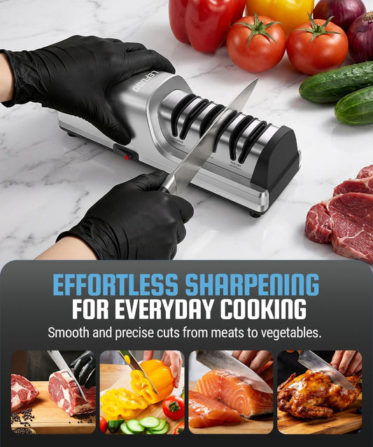 Electric Knife Sharpener for Kitchen Knives,Detachable Head,3-Stage | Knife sharpener electric 100% diamond abrasive, 15-degree guide, dust collector, fast Sharpening, repair, polish (Silver)