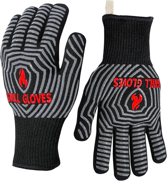 BBQ Gloves, 1472°F Heat Resistant Grilling Gloves Silicone Non-Slip Oven Mitts, Kitchen Gloves for BBQ, Grilling, Cooking, Baking(One Size Fits Most, Black)- 1 Pair