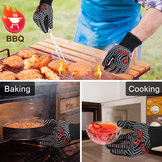 BBQ Gloves, 1472°F Heat Resistant Grilling Gloves Silicone Non-Slip Oven Mitts, Kitchen Gloves for BBQ, Grilling, Cooking, Baking(One Size Fits Most, Black)- 1 Pair