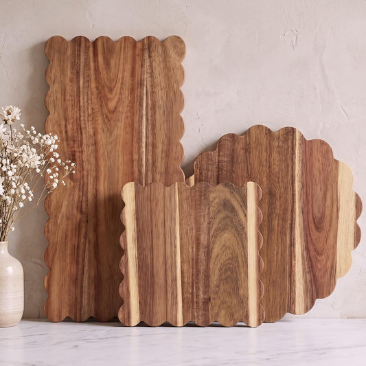 3 Pcs Acacia Wood Scalloped Cutting Boards Set, Decorative Cutting Boards Wooden Charcuterie Board for Grandmillenial Cottage Core Decor Kitchen Cheese Meat Fruit Bread Chopping Blocks