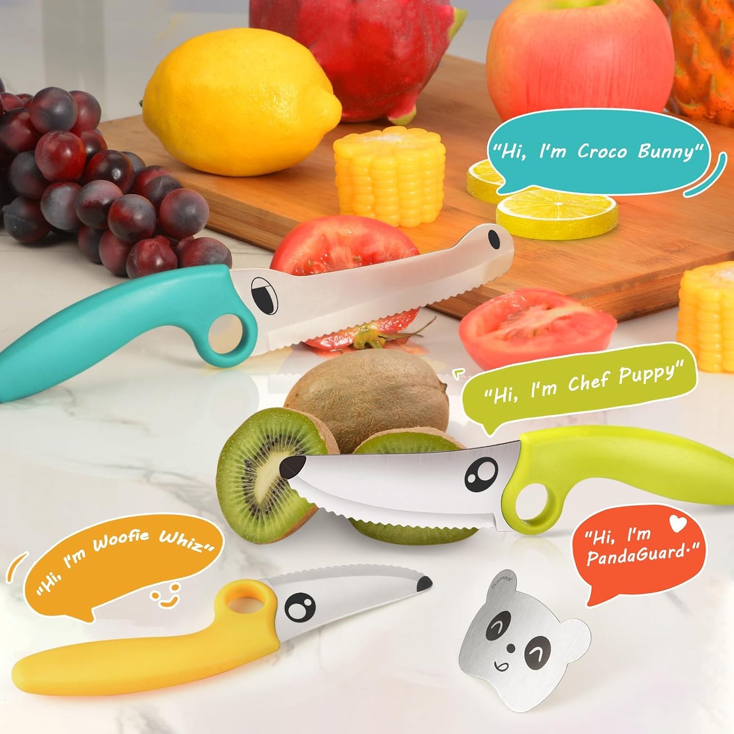 Kids Knife Set for Real Cooking with Educational Ring & Panda Finger Guard for Boys & Girls Cutting, Kids Chef Knife Stainless Steel Blade for Kitchen Cutting-Warm-toned