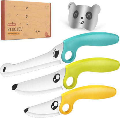 Kids Knife Set for Real Cooking with Educational Ring & Panda Finger Guard for Boys & Girls Cutting, Kids Chef Knife Stainless Steel Blade for Kitchen Cutting-Warm-toned
