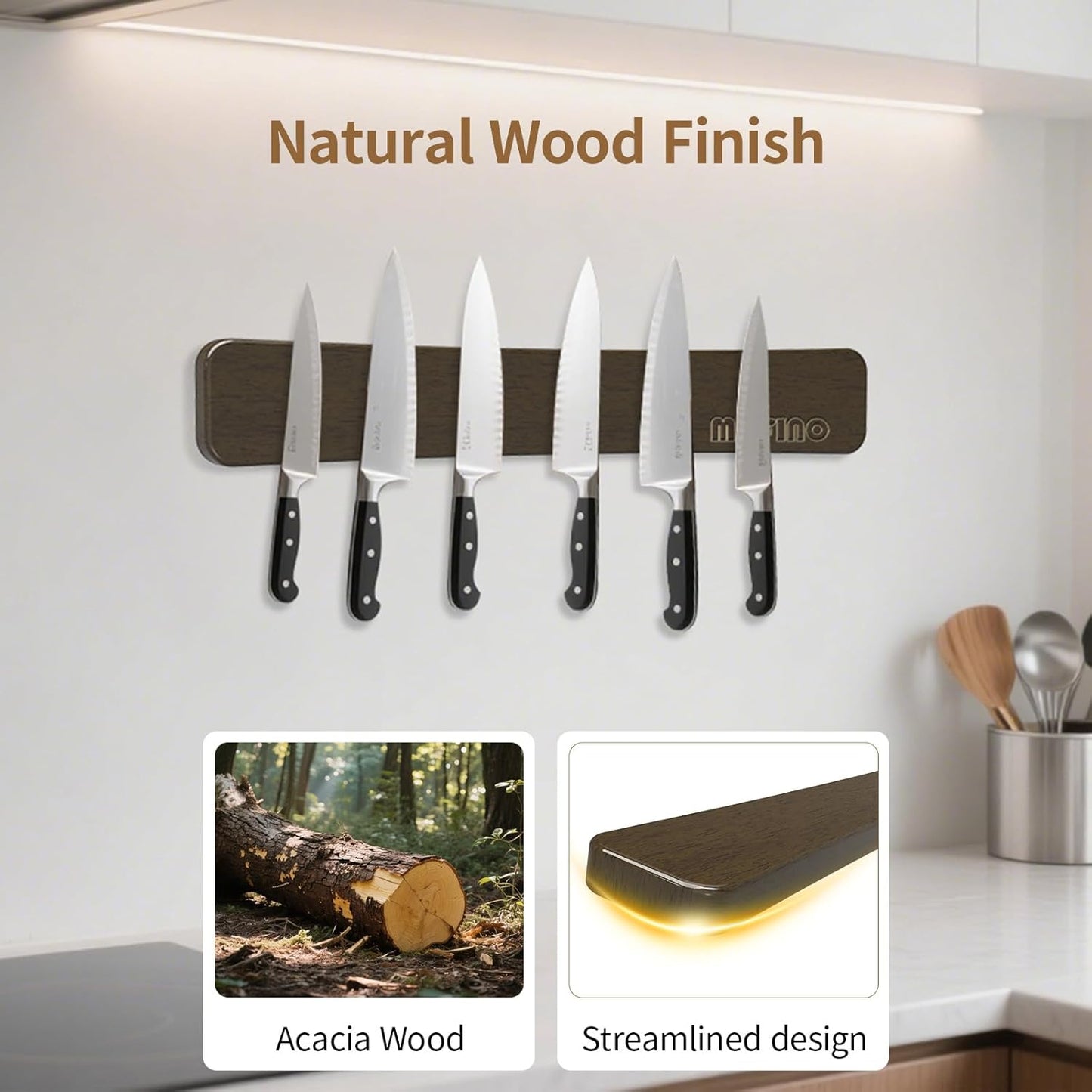Magnetic Knife Holder for Wall,16.5” Magnetic Knife Strip for Fridge | Acacia Wood Knife Magnetic Strip,Double Sided,Knife Holder for Kitchen Utensil Organizer,No Drill, Ideal Gift for Chef