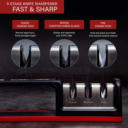 Kitchen Knife Sharpener - Complete 3-stage Knife Sharpener CS-T01 with Diamond Dust Rods, Sturdy Design, Non-slip Base Pat, Easy and Safe to Use, Fast and Effective Manual Sharpening Tool