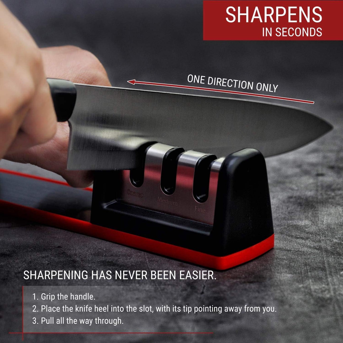 Kitchen Knife Sharpener - Complete 3-stage Knife Sharpener CS-T01 with Diamond Dust Rods, Sturdy Design, Non-slip Base Pat, Easy and Safe to Use, Fast and Effective Manual Sharpening Tool