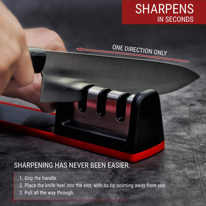 Kitchen Knife Sharpener - Complete 3-stage Knife Sharpener CS-T01 with Diamond Dust Rods, Sturdy Design, Non-slip Base Pat, Easy and Safe to Use, Fast and Effective Manual Sharpening Tool