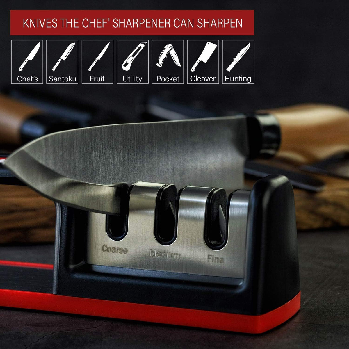 Kitchen Knife Sharpener - Complete 3-stage Knife Sharpener CS-T01 with Diamond Dust Rods, Sturdy Design, Non-slip Base Pat, Easy and Safe to Use, Fast and Effective Manual Sharpening Tool