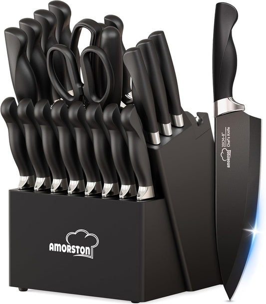 Knife Set, 21 Pieces Kitchen Knife Set with Block and Sharpener, Ultra-Sharp Knives Set with Ergonomic Handles, Black German Stainless Steel Knife Block Set, Dishwasher Safe
