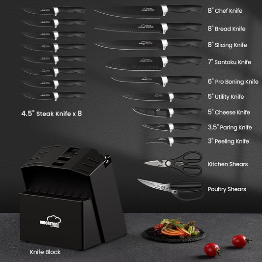 Knife Set, 21 Pieces Kitchen Knife Set with Block and Sharpener, Ultra-Sharp Knives Set with Ergonomic Handles, Black German Stainless Steel Knife Block Set, Dishwasher Safe